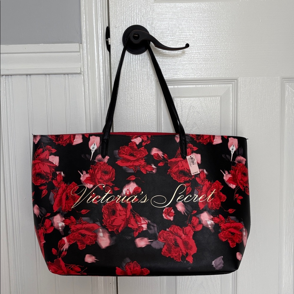 Victoria’s Secret Faux Leather Rose Print Large Tote Black